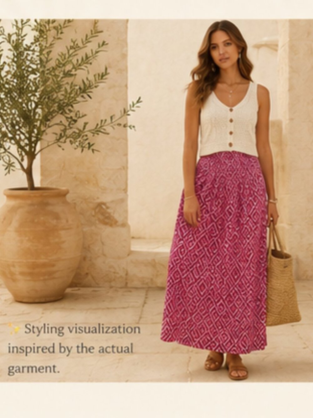 Mediterranean Boho Pink Geometric Smocked Maxi Skirt Viscose Size L